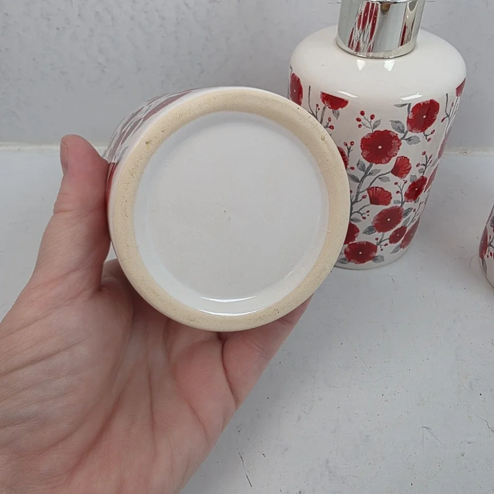 Modern Boho Ceramic Bathroom Accessories 3-Piece Set Red Floral Soap Dispenser - Picture 3 of 6